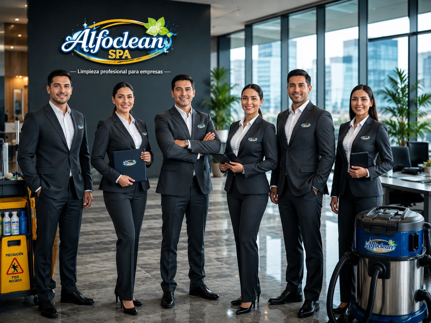 Equipo corporativo de Alfoclean Spa en un entorno empresarial profesional