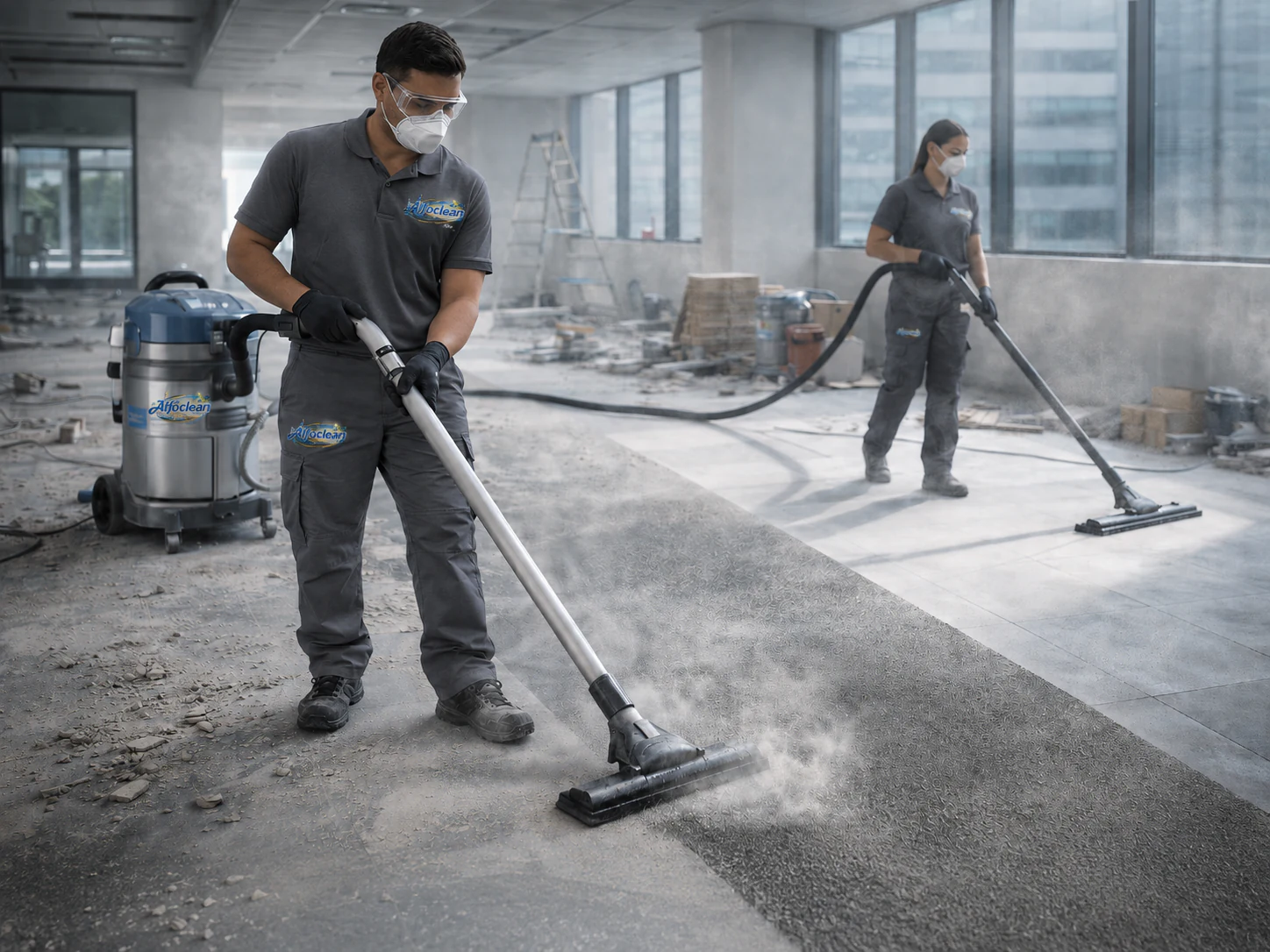 Profesional realizando limpieza industrial con maquinaria especializada