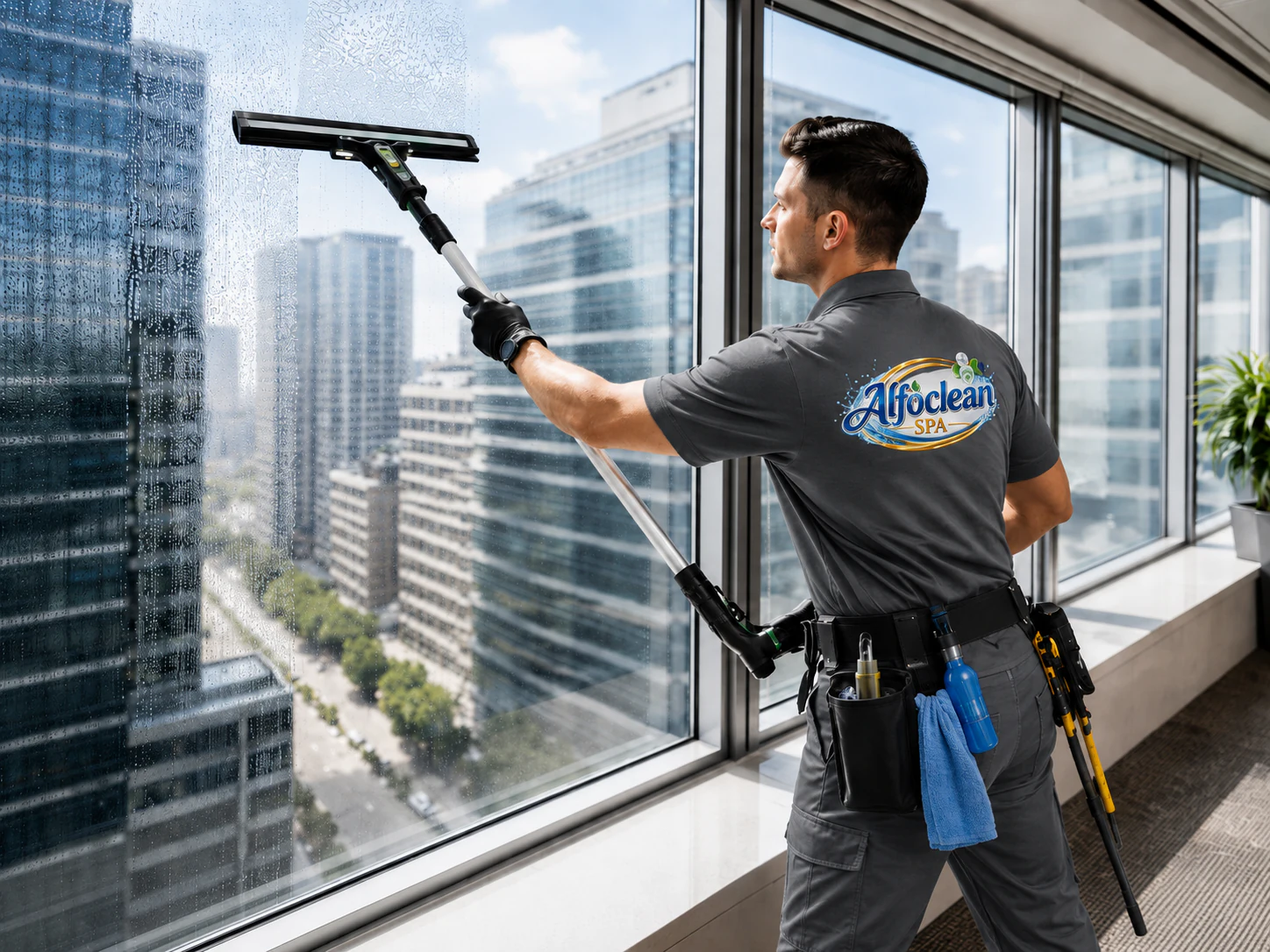 Profesional limpiando ventanales de una instalación corporativa