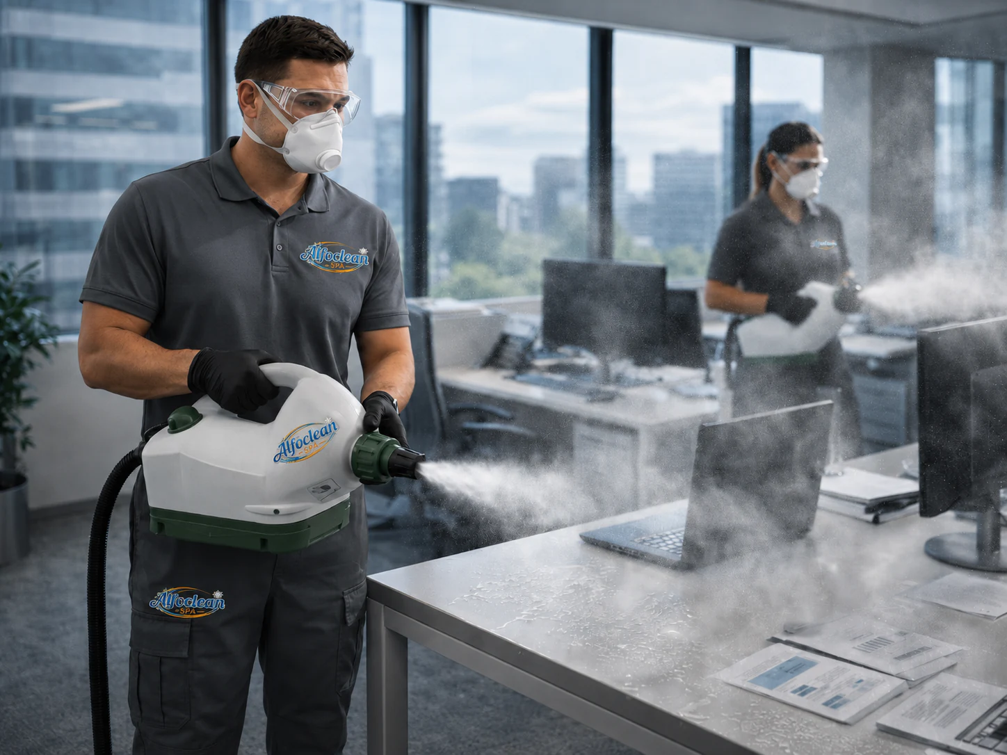 Técnico realizando sanitización profesional de espacios interiores