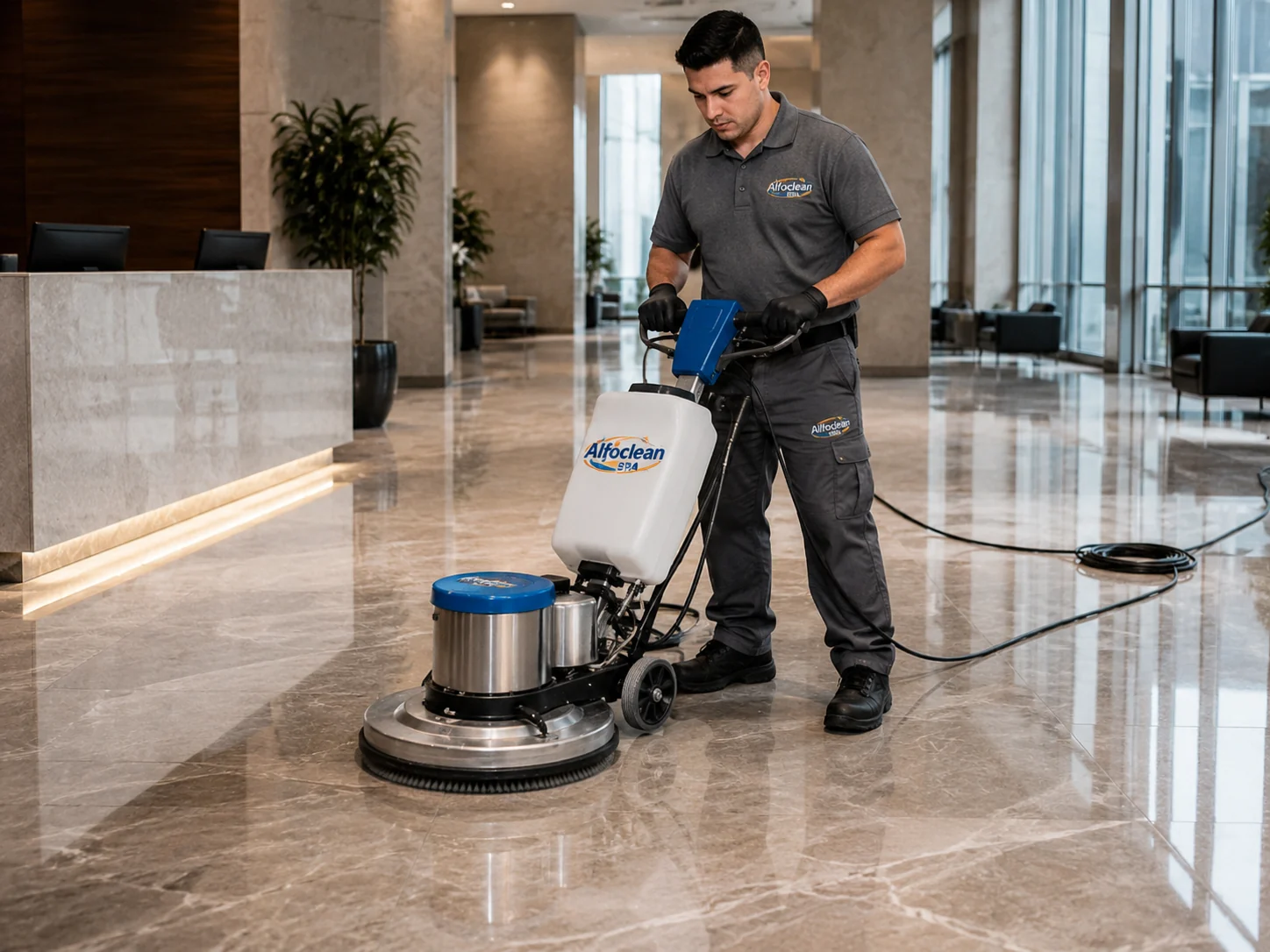 Técnico de Alfoclean Spa realizando tratamiento y pulido profesional de pisos